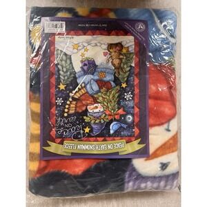 NWT Peace On Earth Snowman Fleece Throw Blanket 51x64" Designed By Tricia Santry